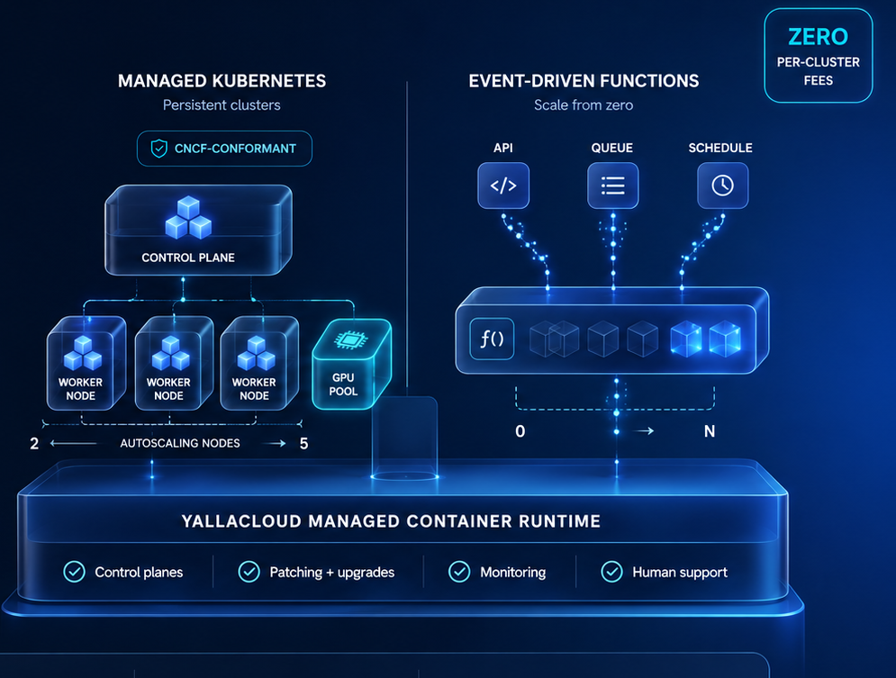 Managed Kubernetes clusters and event-driven functions on the YallaCloud managed container runtime