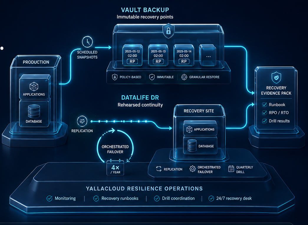 Vault backup with immutable recovery points and rehearsed disaster recovery to a second site