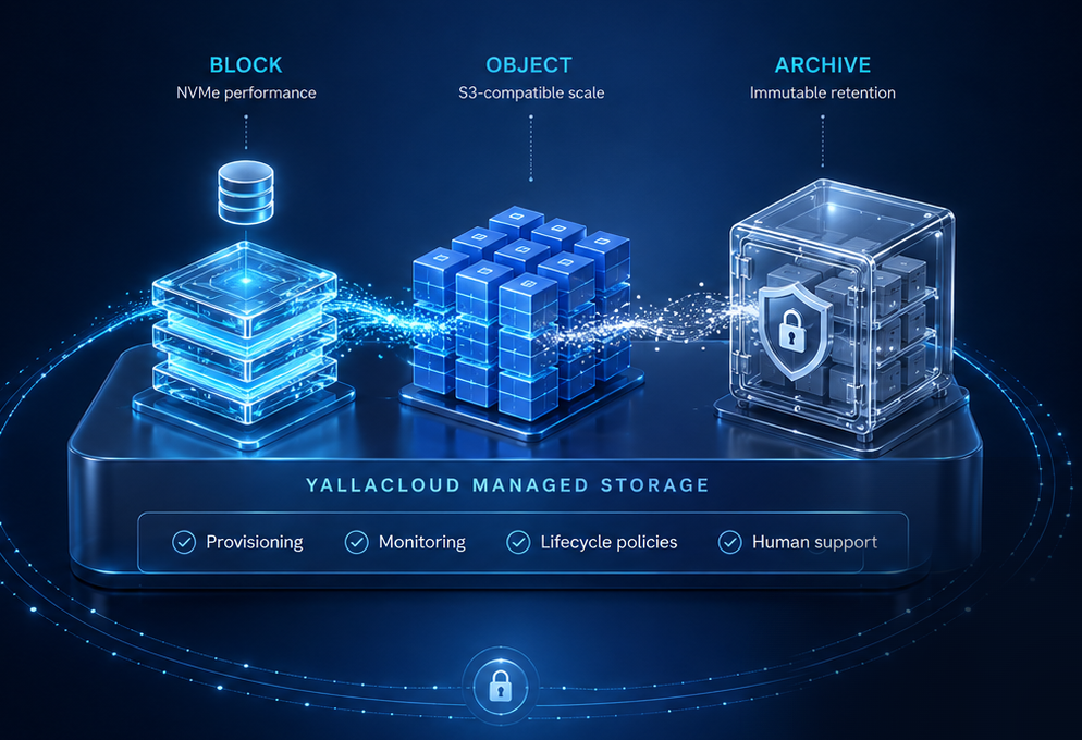 Block, Object and Archive storage on the YallaCloud managed storage platform